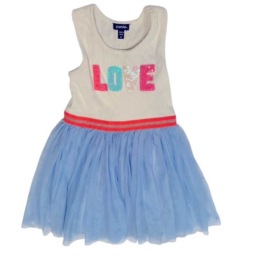 ZUNIE Little Girls Blue/White Sequin “Love” Tulle Dress Size 6